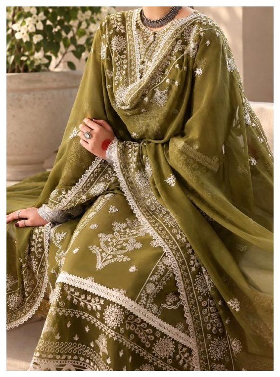 Mahnur — Elaniya Aangan 3-Piece Luxury Embroidered Olive Green Lawn Suit